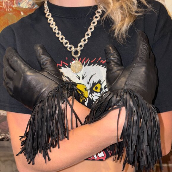 Vintage Danier Black Genuine Leather Fringe Gloves S - Picture 5 of 7
